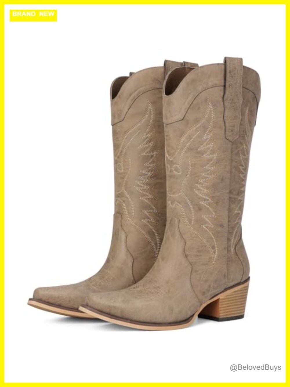 Western Cowboy Boots Faux Leather Snip Toe Mid Calf Chunky Heel Womens